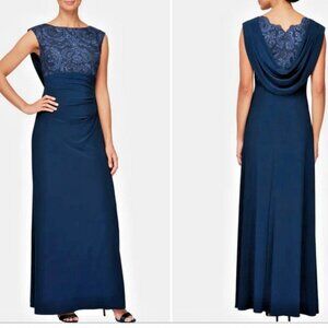 Alex Evenings Navy Blue Sequin Floral Bodice Cowl Back Formal Gown